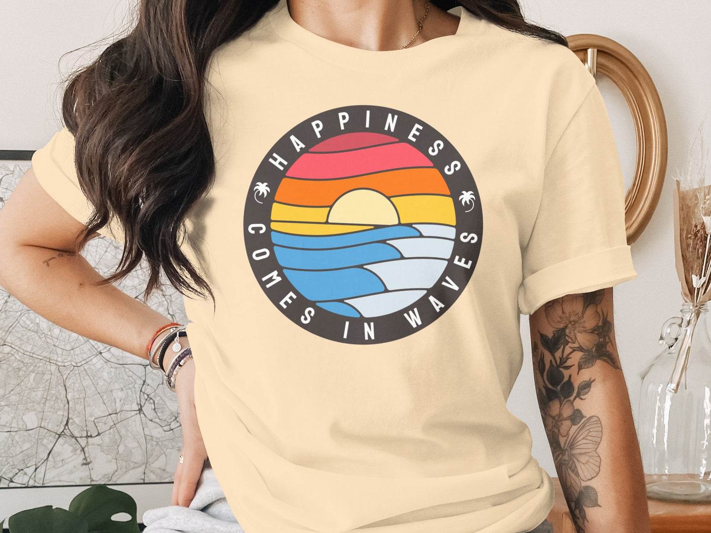 Happiness Comes In Waves Colorful Sunset Graphic T Shirt