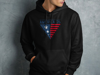 America 26 Black Hoodie with Blue Red Graphic Design