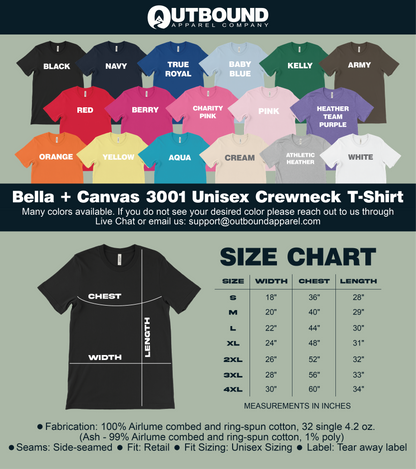 Bella Canvas 3001 Unisex Crewneck T-Shirt Size Chart