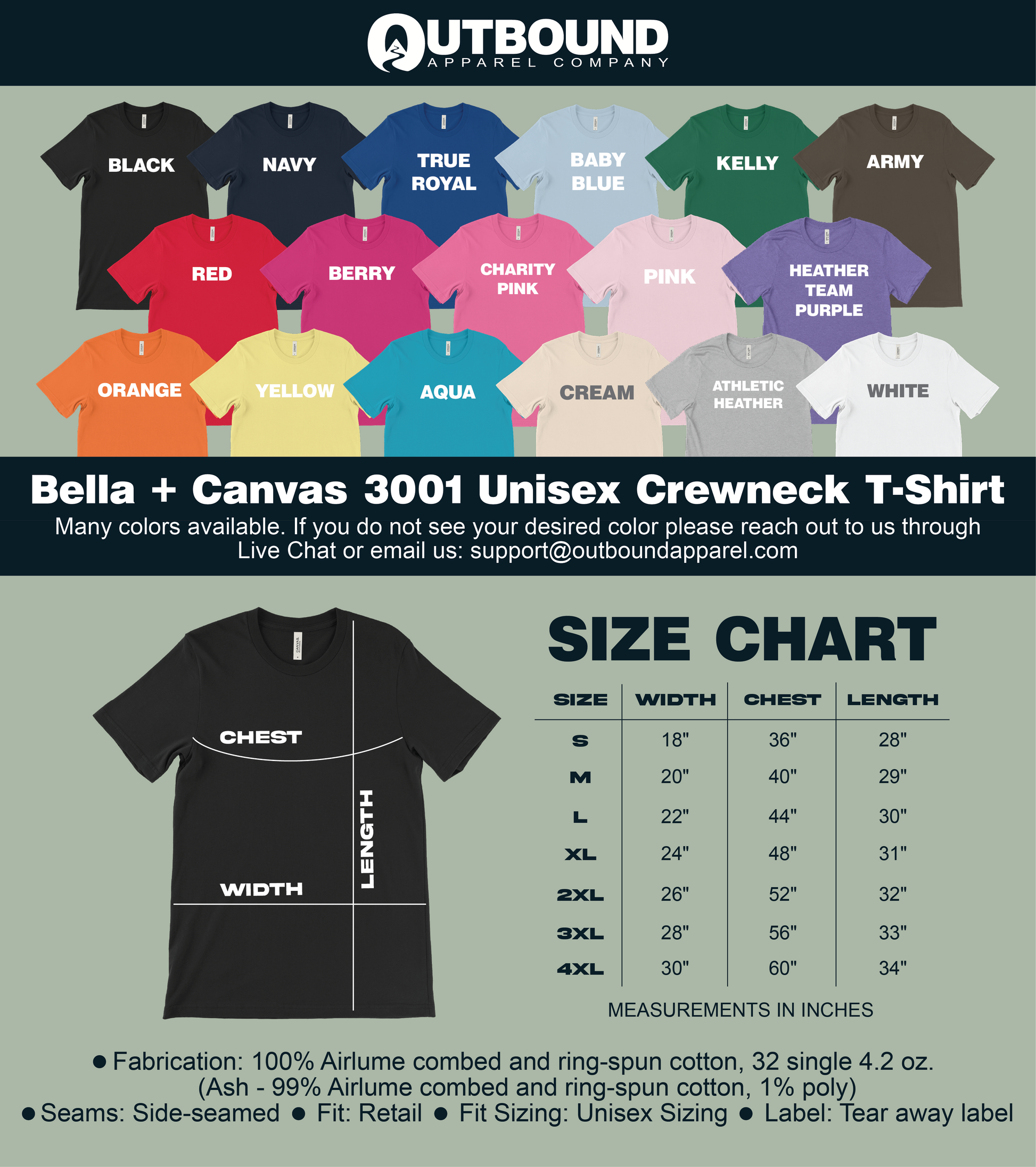 Bella Canvas 3001 Unisex Crewneck T-Shirt Size Chart